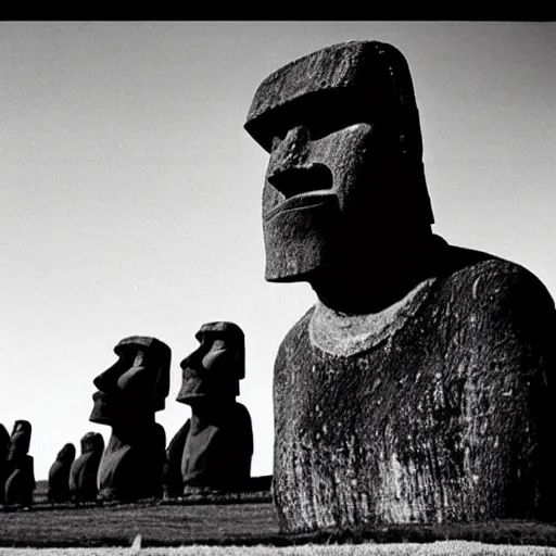 Prompt: easter island moai as the main character in a black and white noir film wearing a fedora, intricate, 1 9 4 0 s film noir, sharp focus, robert siodmak, fritz lang, otto preminger, orson welles, billy wilder