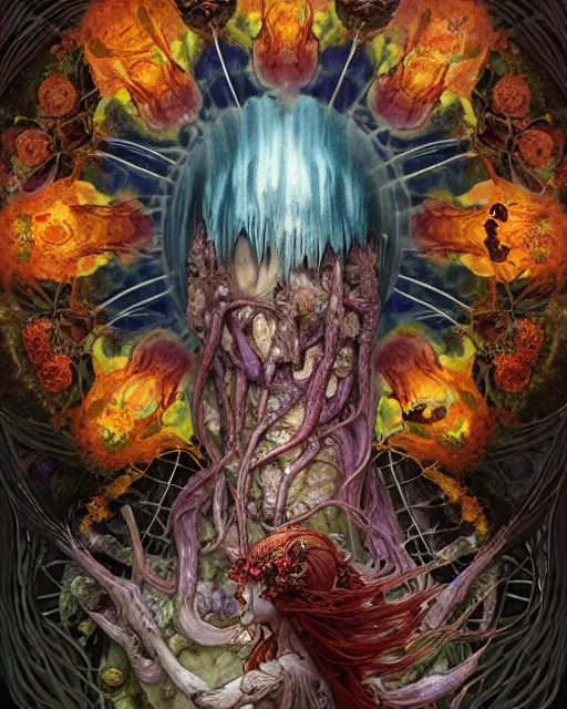 Image similar to the platonic ideal of flowers, rotting, insects and praying of cletus kasady carnage davinci dementor wild hunt chtulu mandelbulb mandala ponyo heavy rain the witcher, d & d, fantasy, ego death, decay, dmt, psilocybin, concept art by randy vargas and greg rutkowski and ruan jia and alphonse mucha