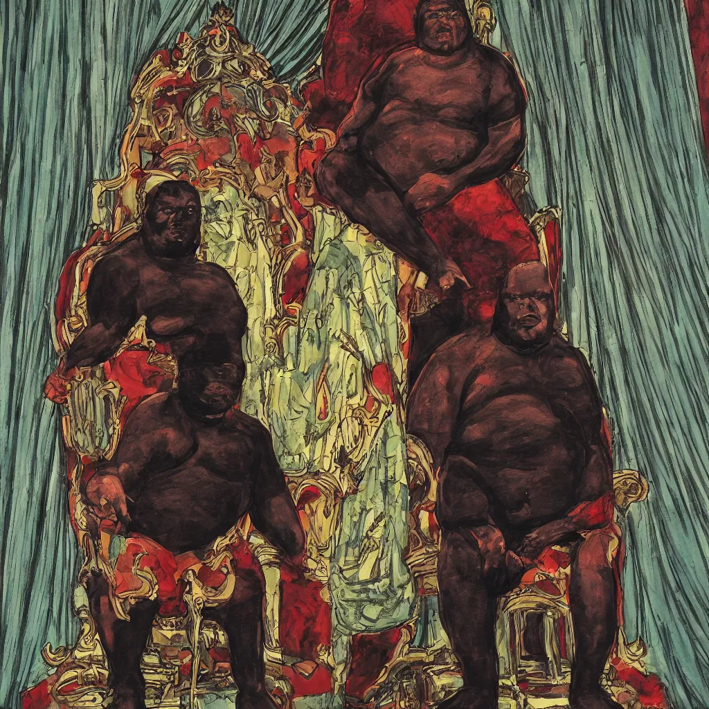 Image similar to style of frank miller, anatomically correct portrait of big black man sitting on throne, background made of big curtains