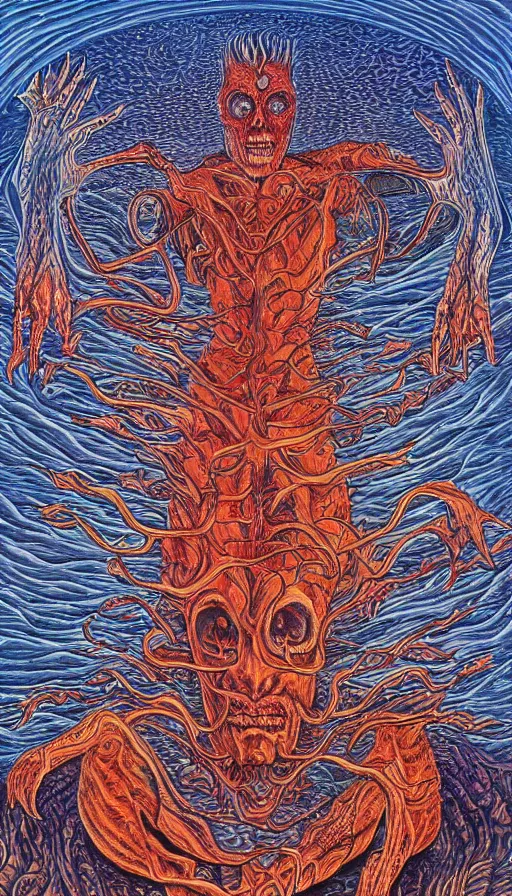 Image similar to man on boat crossing a body of water in hell with creatures in the water, sea of souls, by alex grey,