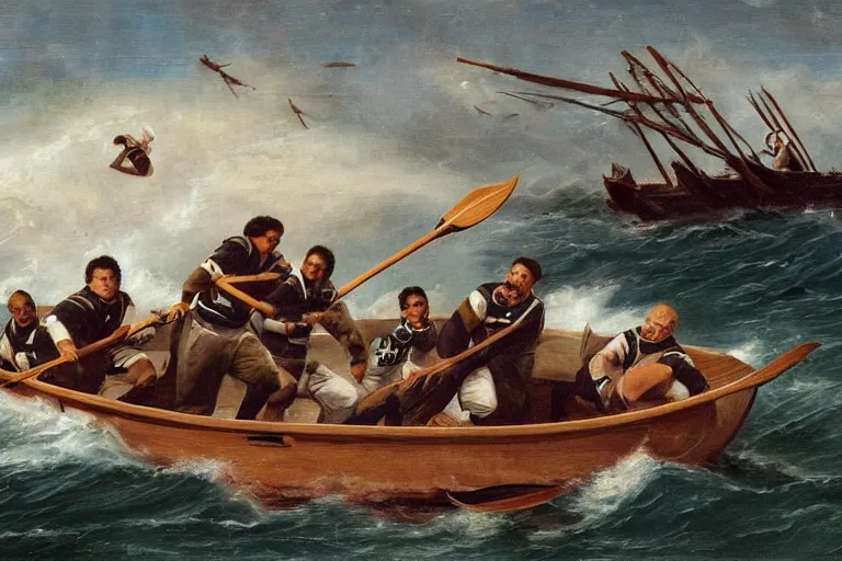 Image similar to a rowboat filled with nfl players in pads and helmets, one has a harpoon, they are chasing a whale, american oil painting