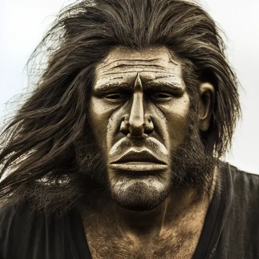 Image similar to portrait close up of a man with a very square and large jaw, his face lines are harsh, he has no beard but long black hair, he looks like a cave man bronze, soft lighting, rough lines