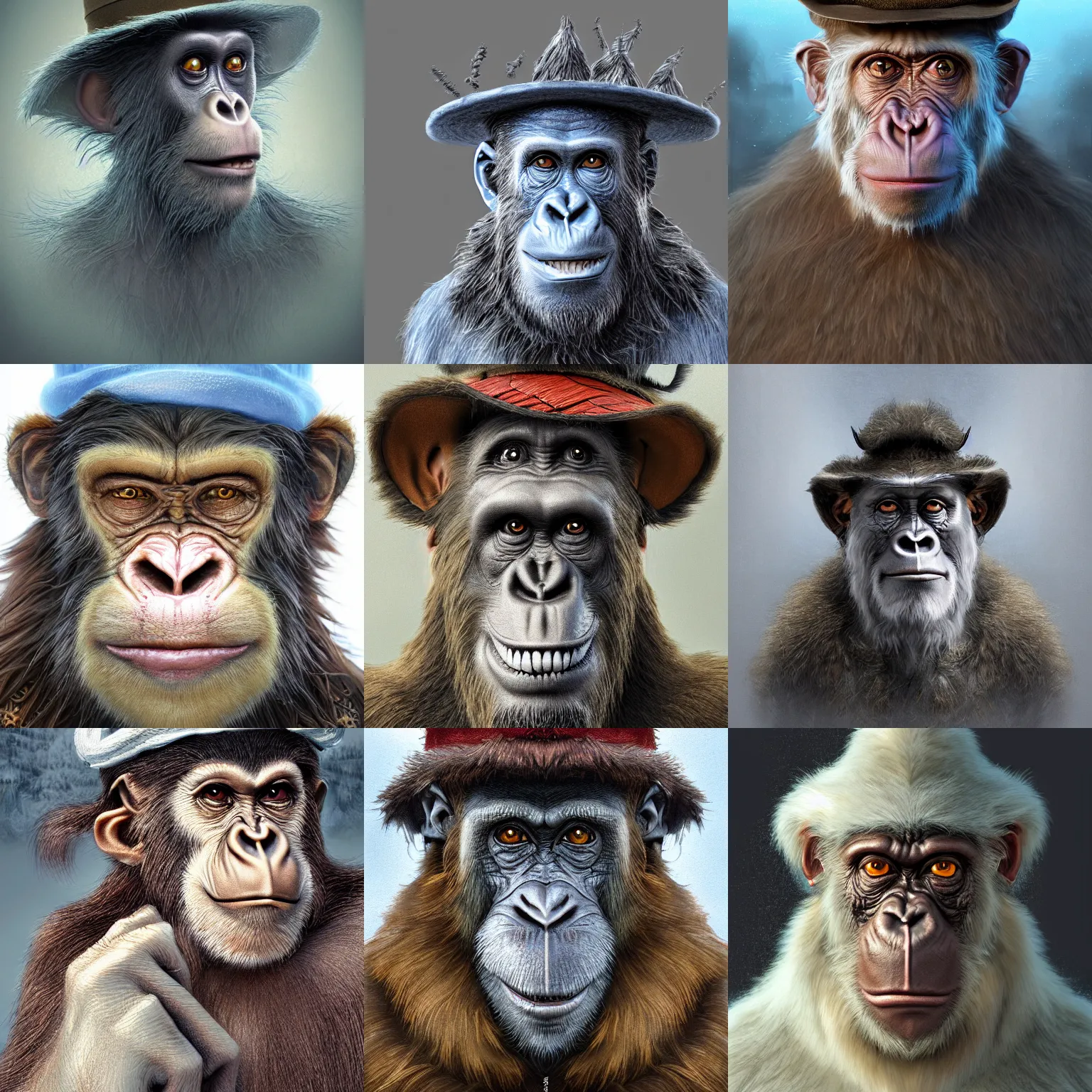 Image similar to a wlop 3 d render of very very very very highly detailed beautiful mystic portrait of a horror ape mage with stylish hat and frosty background by anton pieck, intricate, extremely detailed, micro detail, digital painting, artstation, concept art, smooth, sharp focus, illustration, intimidating lighting, incredible art,