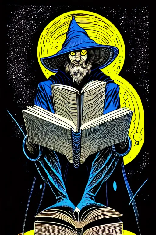 Image similar to wizard reading a book, high details, intricately detailed, by vincent di fate, inking, 3 color screen print, masterpiece, trending on artstation,, sharp, details, hyper - detailed, hd, 4 k, 8 k