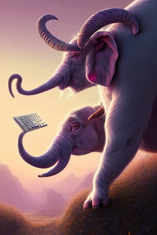 Prompt: highly detailed portrait of a goat pig hybrid with pink elephant trunk working on a computer, stephen bliss, unreal engine, fantasy art by greg rutkowski, rhads, ferdinand knab, makoto shinkai and lois van baarle, ilya kuvshinov, rossdraws, tom bagshaw, global illumination, radiant light, red blue theme, pine forest