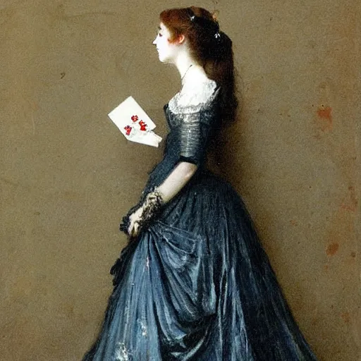 Image similar to young victorian lady in ball gown, a little card and pencil in hand, painted by alfred stevens