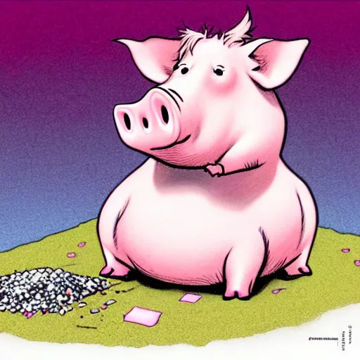 Prompt: comic art of a cute far pig sitting on pile of pink salt, drawn by Bruce MacKinnon, vivid color, cgsociety 4K