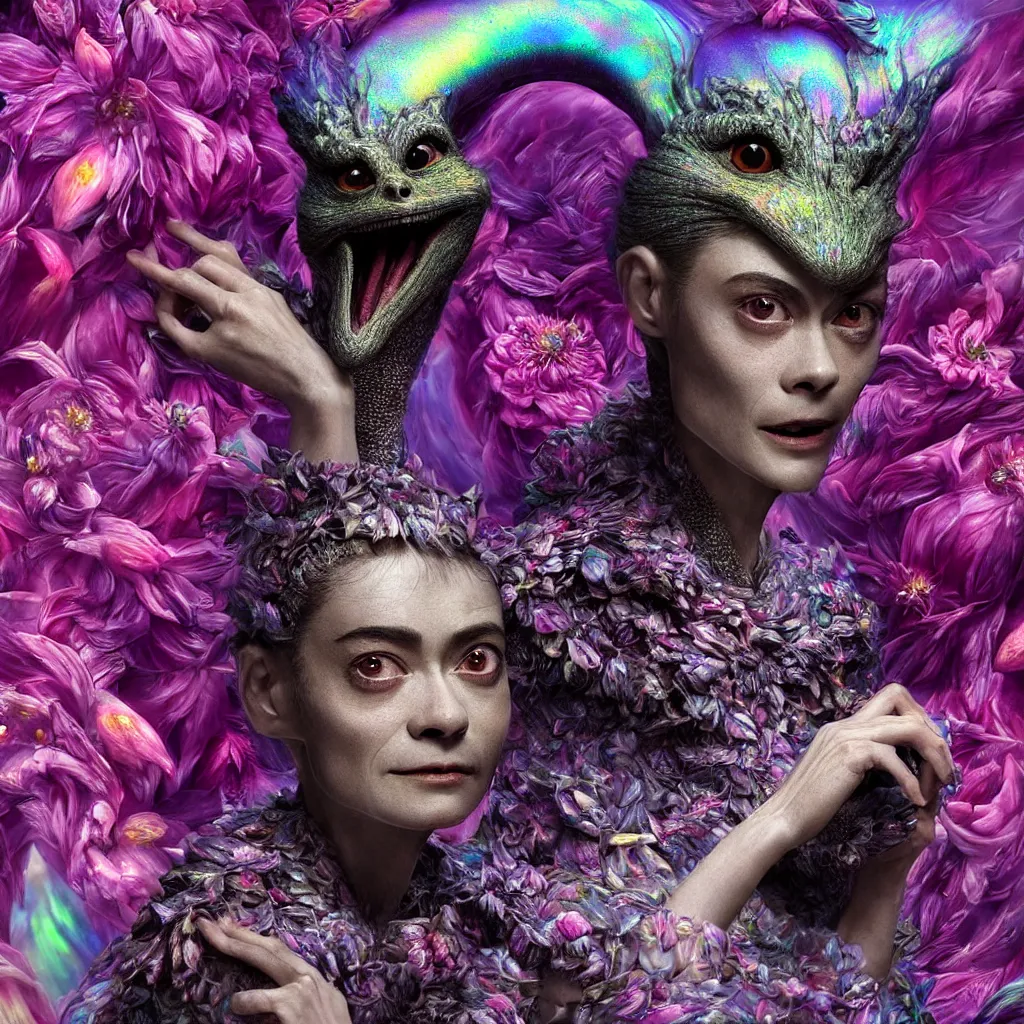 Prompt: hyper detailed 3d render like a Oil painting - kawaii portrait Aurora (a skeksis from dark crystal that looks like Audrey Tautou in Amelie crossed with Rami Malek) seen Eating of the Strangling network of yellowcake aerochrome and milky Fruit and His delicate Hands hold of gossamer polyp blossoms bring iridescent fungal flowers whose spores black the foolish stars by Jacek Yerka, Ilya Kuvshinov, Mariusz Lewandowski, Houdini algorithmic generative render, Abstract brush strokes, Masterpiece, Edward Hopper and James Gilleard, Zdzislaw Beksinski, Mark Ryden, Wolfgang Lettl, hints of Yayoi Kasuma, octane render, 8k