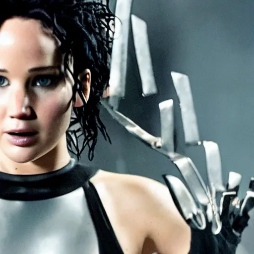 Prompt: still of Jennifer Lawrence as Erica Scissorhands in Edward Scissorhands remake 2029