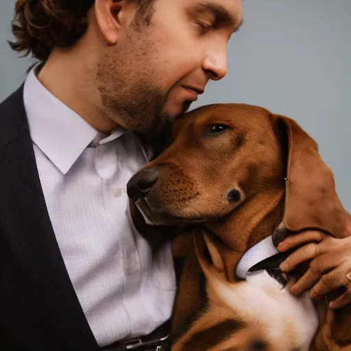 Prompt: dog with a suit with human arms hugging a company man