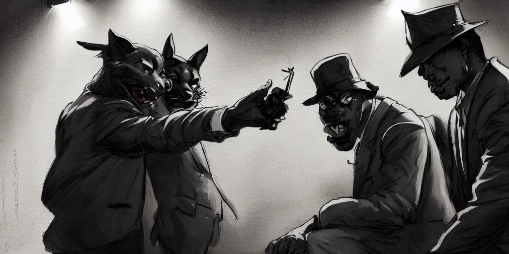 Image similar to two men argue in a interrogation room, night time, dramatic lighting, noir film, fine details, high contrast, blacksad, kim jung gi, greg rutkowski, trending on artstation, 8 k, ultra wide angle