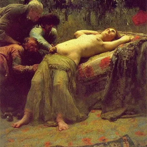 Image similar to the dream of the old tyrant, by ilya repin, oil on canvas, 1 8 8 3