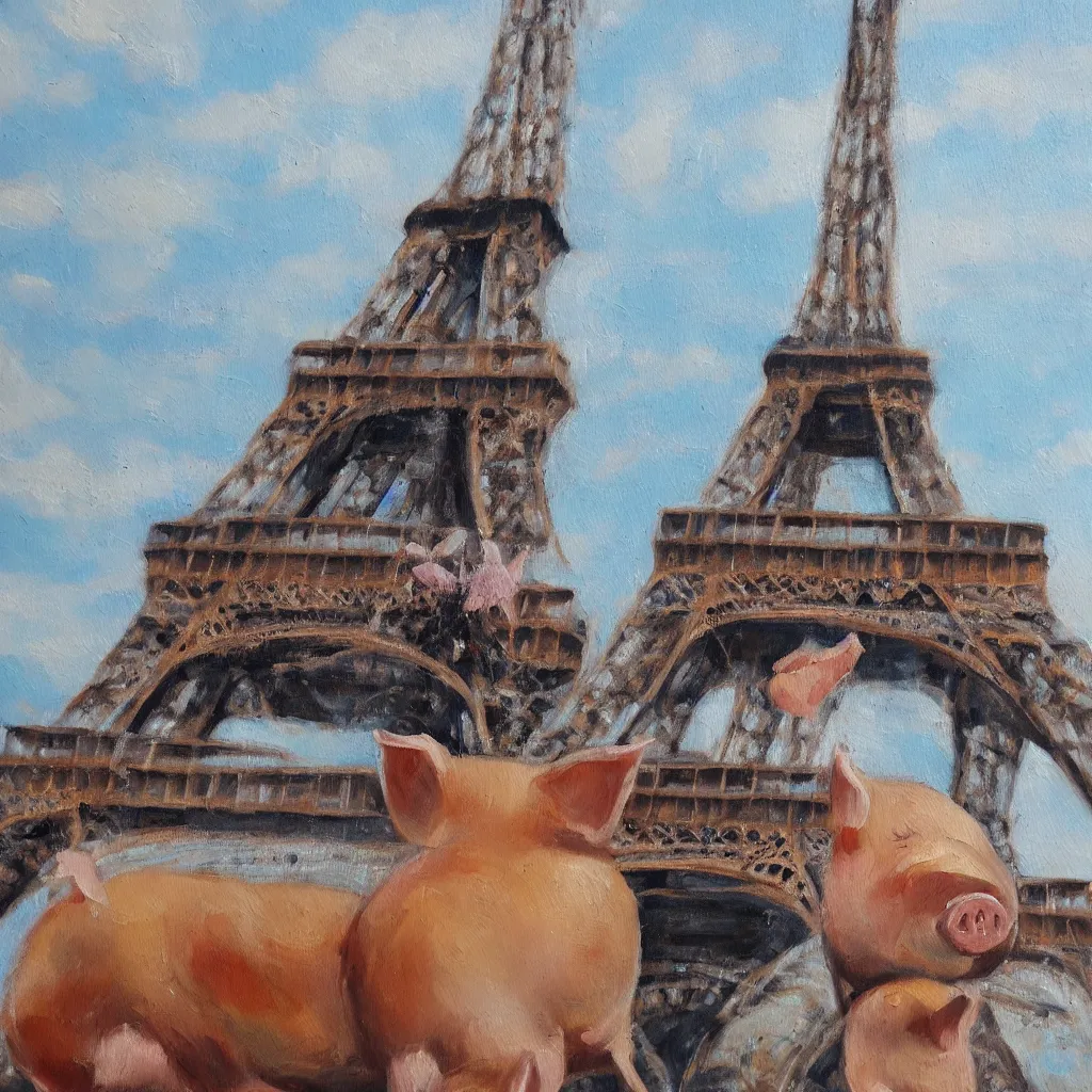 Prompt: a detailed oil painting of a pig in paris next to the eiffel tower