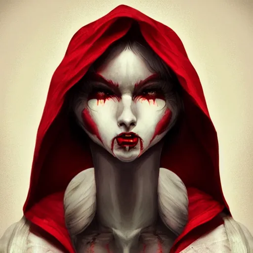 Image similar to red riding hood as a werewolf hybrid, symmetrical portrait by loish and WLOP, octane render, dark fantasy, trending on ArtStation