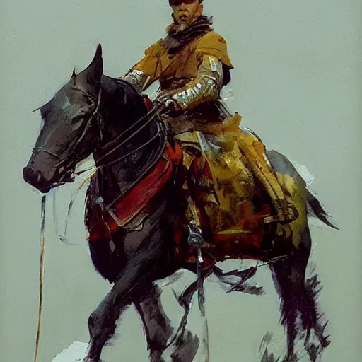 Prompt: portrait of rider wearing gambeson aiming bow, galloping detailed by greg manchess, craig mullins, bernie fuchs, walter everett, low angle