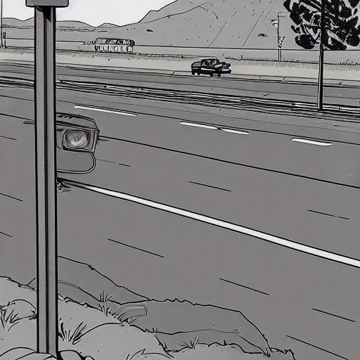Prompt: california highway, circa 1970, drawn by Adrian Tomine