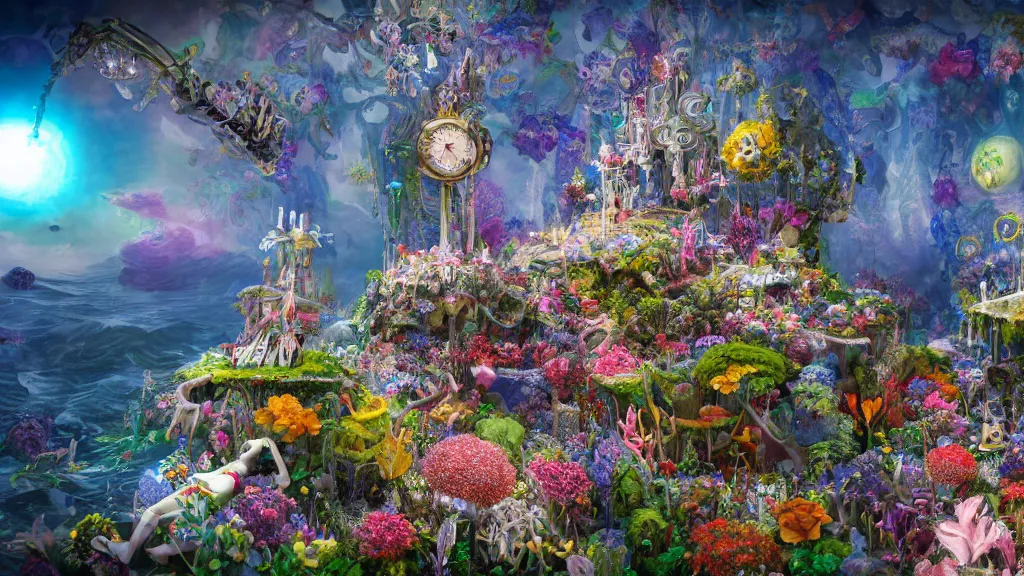 Prompt: ! dream a centered render of intricate modular synthesizer of alice in wonderland, shining its light across a tumultuous sea of flowers, undersea animals and one gothic crystal temple by dorothea tanning and salvador dali, trending on artstation, cyber punk, soft color, unreal engine, high detailed, 8 k