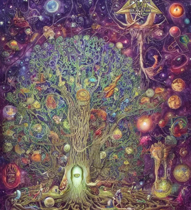 Image similar to aliens grow humans from the cosmic tree of life, whilst it absorbs all galactical and masonic energy fields, by daniel merriam, deep and rich colours,