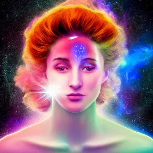 Prompt: Side profile portrait of an attractive Greek celestial goddess with an aquiline nose, and a gental smile. Her head is tilted down. She is made of glowing blue nebula gas, and her blue face is emerging from a larger pink and orange nebula which is her hair. High resolution image by Hubble Space Telescope.