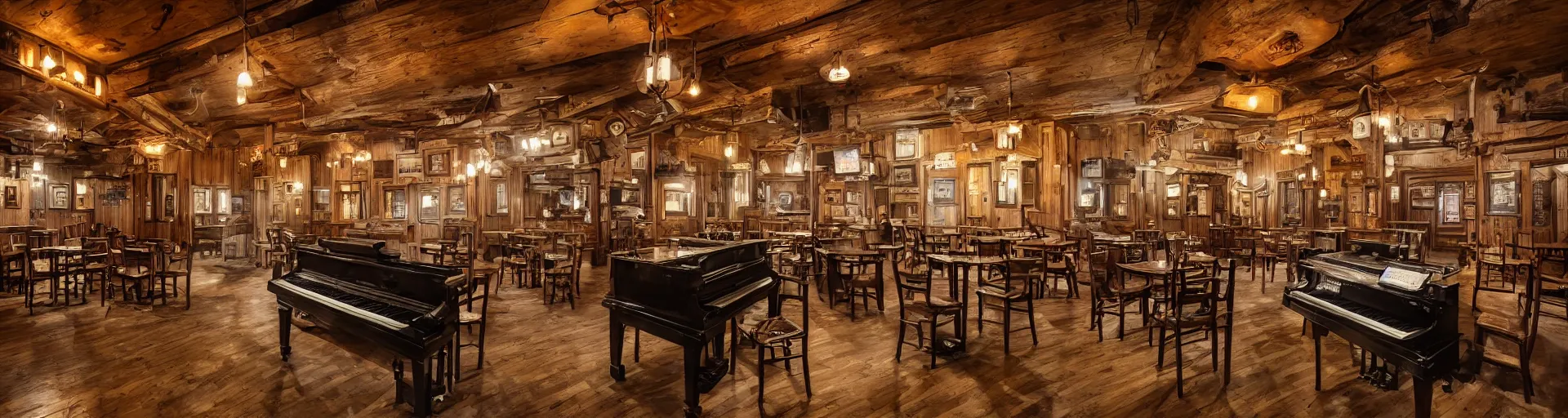 Prompt: Empty Old West Saloon at the break of day with a Grand Piano and Staircase, in the style of Studio Ghibli