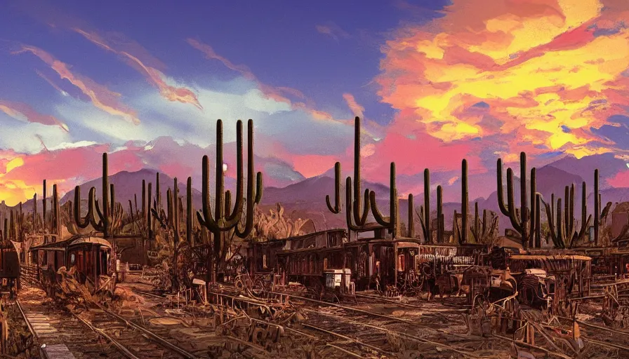 Prompt: train station roadside old west saloon cactus graveyard sunset sky clouds illustration by syd mead artstation 4 k 8 k graphic novel concept art matte painting