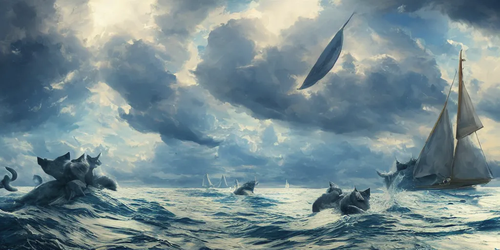 Prompt: Several cats sailing over a blue ocean, Darek Zabrocki, Karlkka, Jayison Devadas, Phuoc Quan, trending on Artstation, 8K, ultra wide angle, pincushion lens effect.