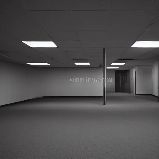 Prompt: an empty office at night, eerie atmosphere, white hue