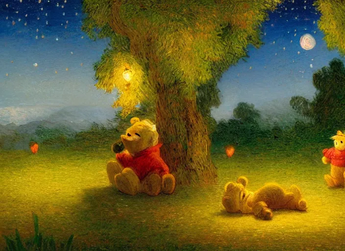 Image similar to romanticism impressionism landscape painting of winnie the pooh characters at night, night time, paper lanterns, string lights, in the style of hudson river school and thomas cole and albert bierstadt and vincent van gogh