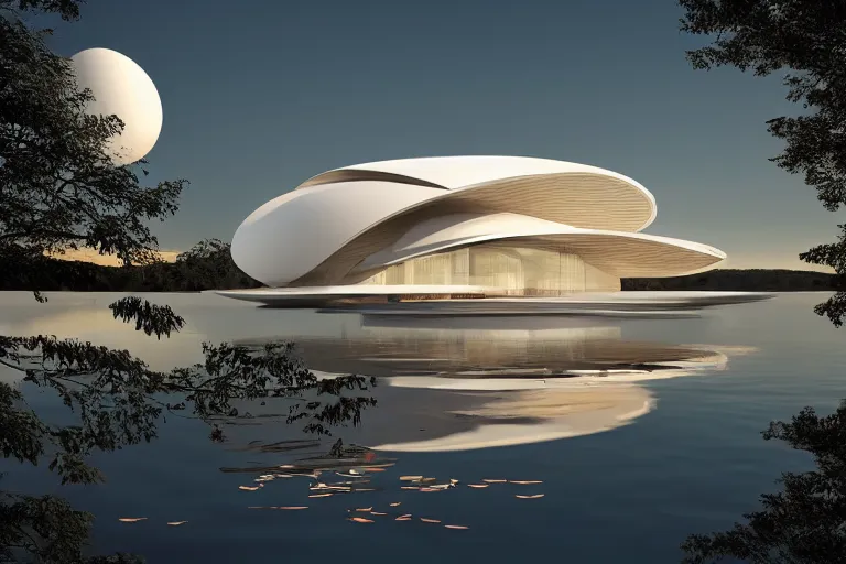 Image similar to a building formed by many multi - white eggshell shapes arranged and combined in space. on the calm lake, people's perspective modern curved architecture, future, award winning, highly detailed 4 k art, dusk, by kazuyo sejima