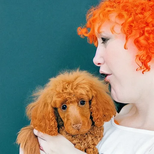 Image similar to a beautiful pale woman with orange hair holding both a curly headed baby boy and also a brown poodle, abstract