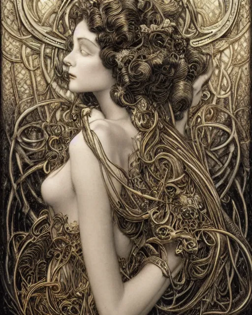 Image similar to in the style of beautiful vivien leigh, steampunk, detailed and intricate by jean delville, gustave dore and marco mazzoni, art nouveau, symbolist, visionary, gothic, pre - raphaelite