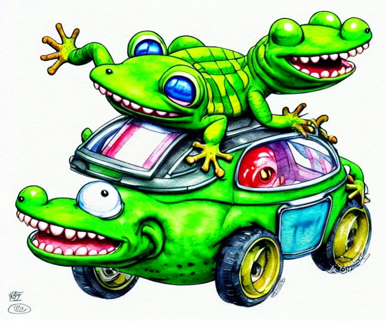 Image similar to cute and funny, gecko wearing a helmet riding in a hot rod with oversized engine, ratfink style by ed roth, centered award winning watercolor pen illustration, isometric illustration by chihiro iwasaki, edited by range murata, tiny details by artgerm and watercolor girl, symmetrically isometrically centered, sharply focused