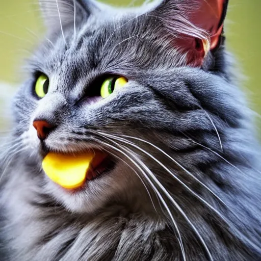 Image similar to long haired grey cat, bright vivid colors