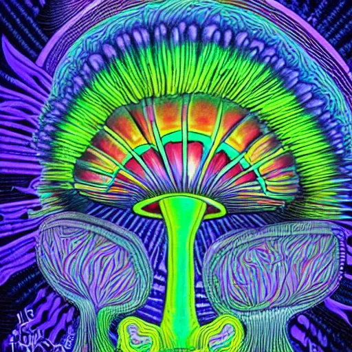 Image similar to Terence McKenna reincarnated as a magic mushroom. in style of Alex Grey, detailed, blacklight poster