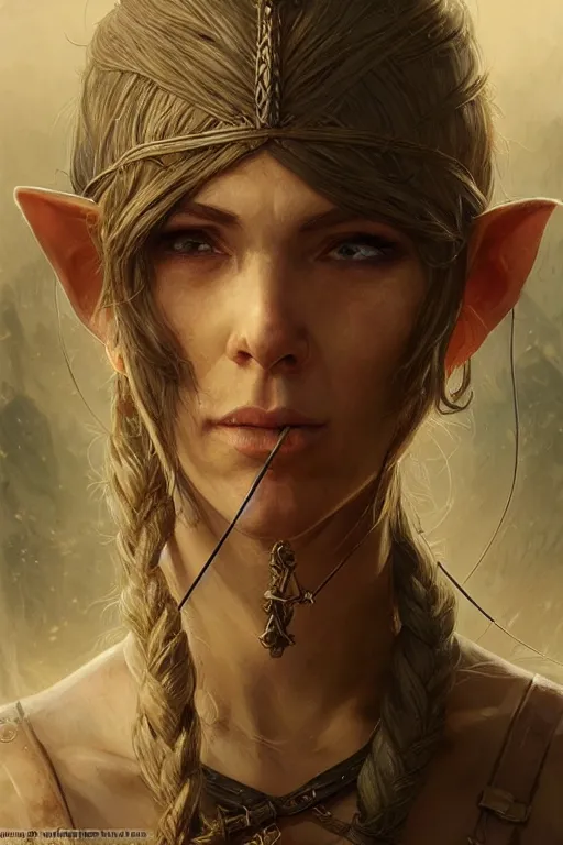 Image similar to dirty survivalist elven archer, highly detailed, d & d, fantasy, portrait, highly detailed, headshot, digital painting, trending on artstation, concept art, sharp focus, illustration, art by artgerm and greg rutkowski and magali villeneuve