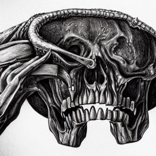 Image similar to hyperrealistic drawing of a monster made of liver and skulls, terrifying, beautiful, cringe, high detail