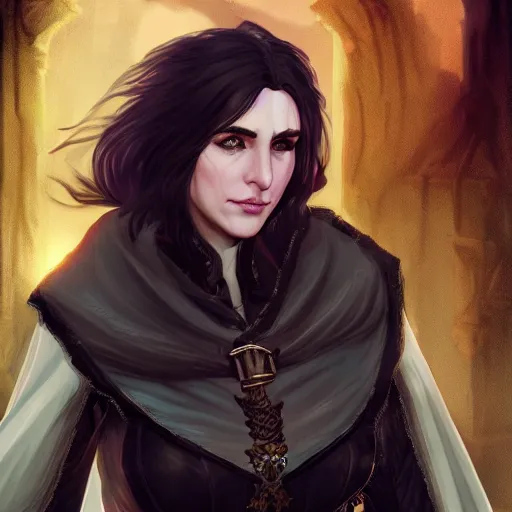 Image similar to yennefer as a medieval fantasy tolkien elf, dark purplish hair tucked behind ears, wearing leather with a fur lined collar, wide face, muscular build, scar across the nose, cinematic, character art, real life, 8 k, detailed.