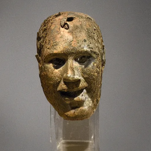 Image similar to an extremely ancient ironman bust that is tarnished and covered in sediment from uncovered earth expedition, rare photograph, smithsonian,