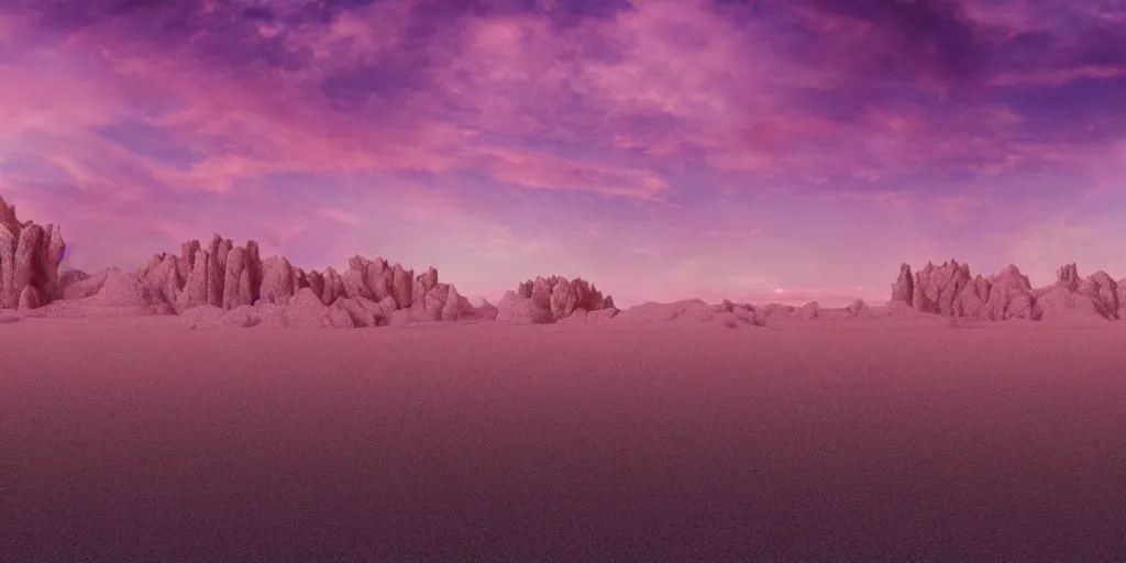 Prompt: artistic rendering of a cinematic shot of a scifi fantasy desertscape, beautiful pink sky, a purple - blue brutalist bulding, processing the soul of an ancient alien