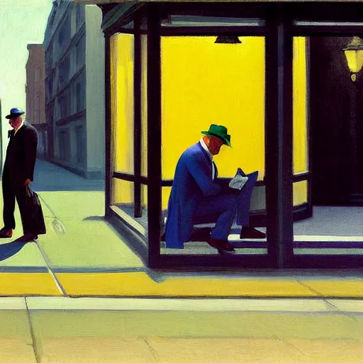 Prompt: painting of a businessman sitting in the street like a homeless person. by edward hopper and james gilleard