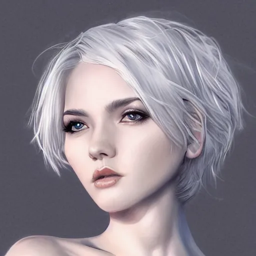 Prompt: portrait of a woman with short white hair, medium shot, illustration, highly detailed, high quality, by artgerm