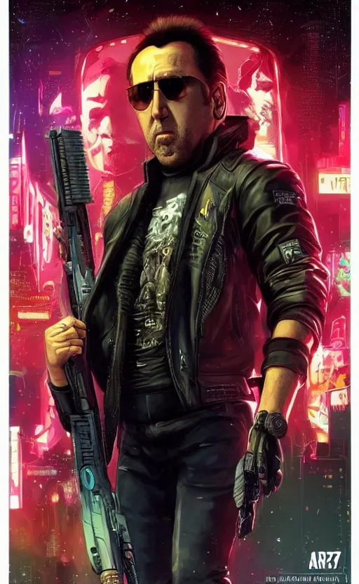Prompt: nicolas cage in cyberpunk 2077. Cinematic, hyper realism, realistic proportions, dramatic lighting, high detail 4k. Concept art by James Gurney and Laurie Greasley. ArtstationHQ. Creative character design for cyberpunk 2077.