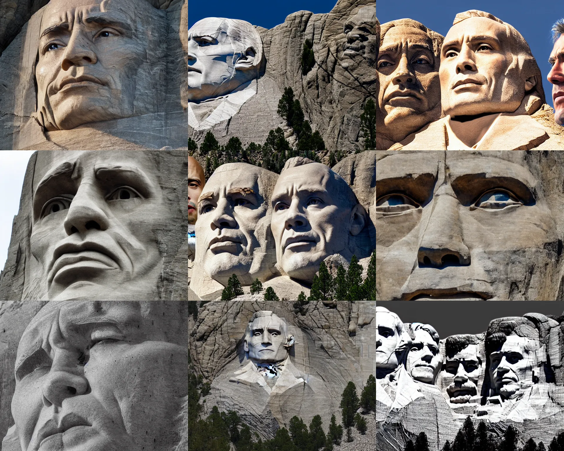 Prompt: dwayne johnson face carved into mount rushmore, award winning photo, high detail, 8k