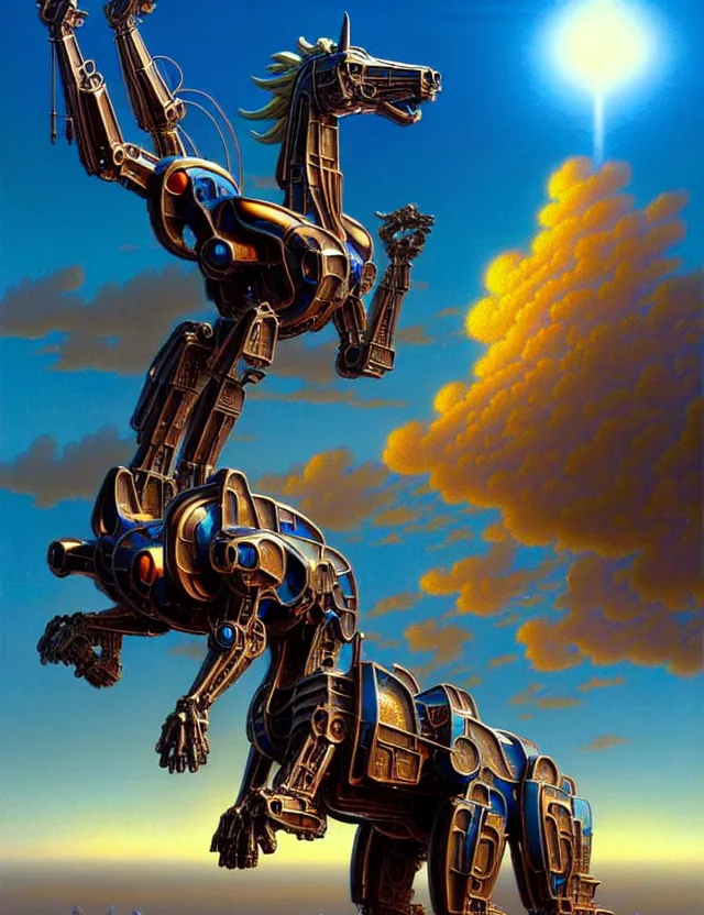 Prompt: a giant statue pegasus mecha, in the clouds, accurate anatomy, tim hildebrandt, wayne barlowe, bruce pennington, donato giancola, trending on artstation, cinematic composition, beautiful lighting, hyper detailed, 8 k, oil on canvas