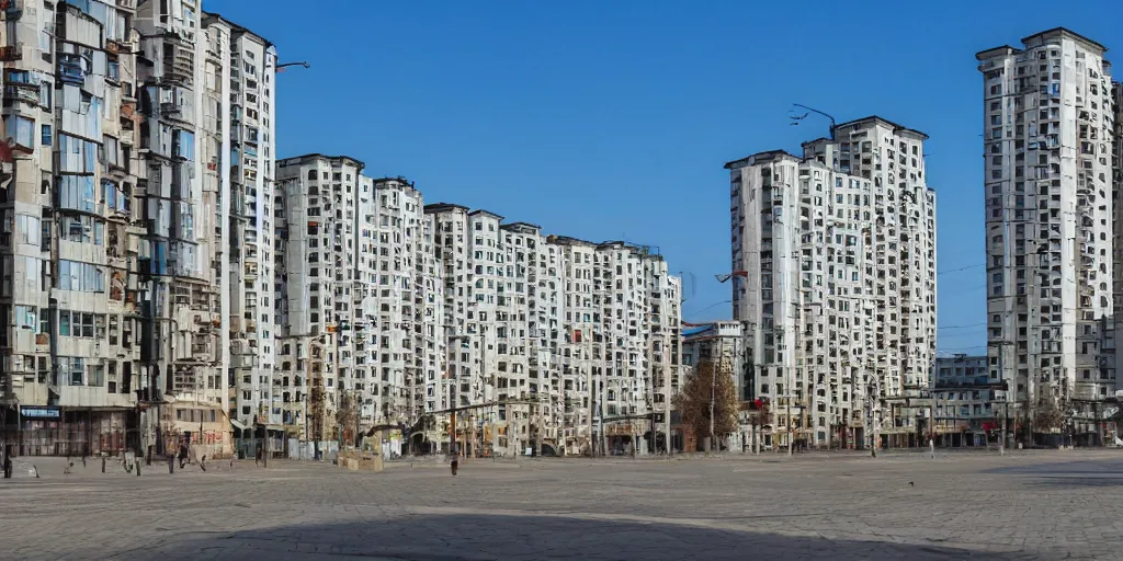 Prompt: photo of a low income highrise geometric Russian city, apartments, train station, avenues. Square with a statue of leader