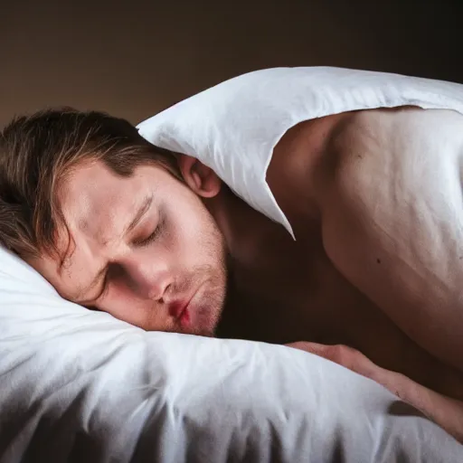 Prompt: skinny white man sleeping on a bed made of tofu, blanket made of lettuce, pillow made of cats, dramatic lighting,