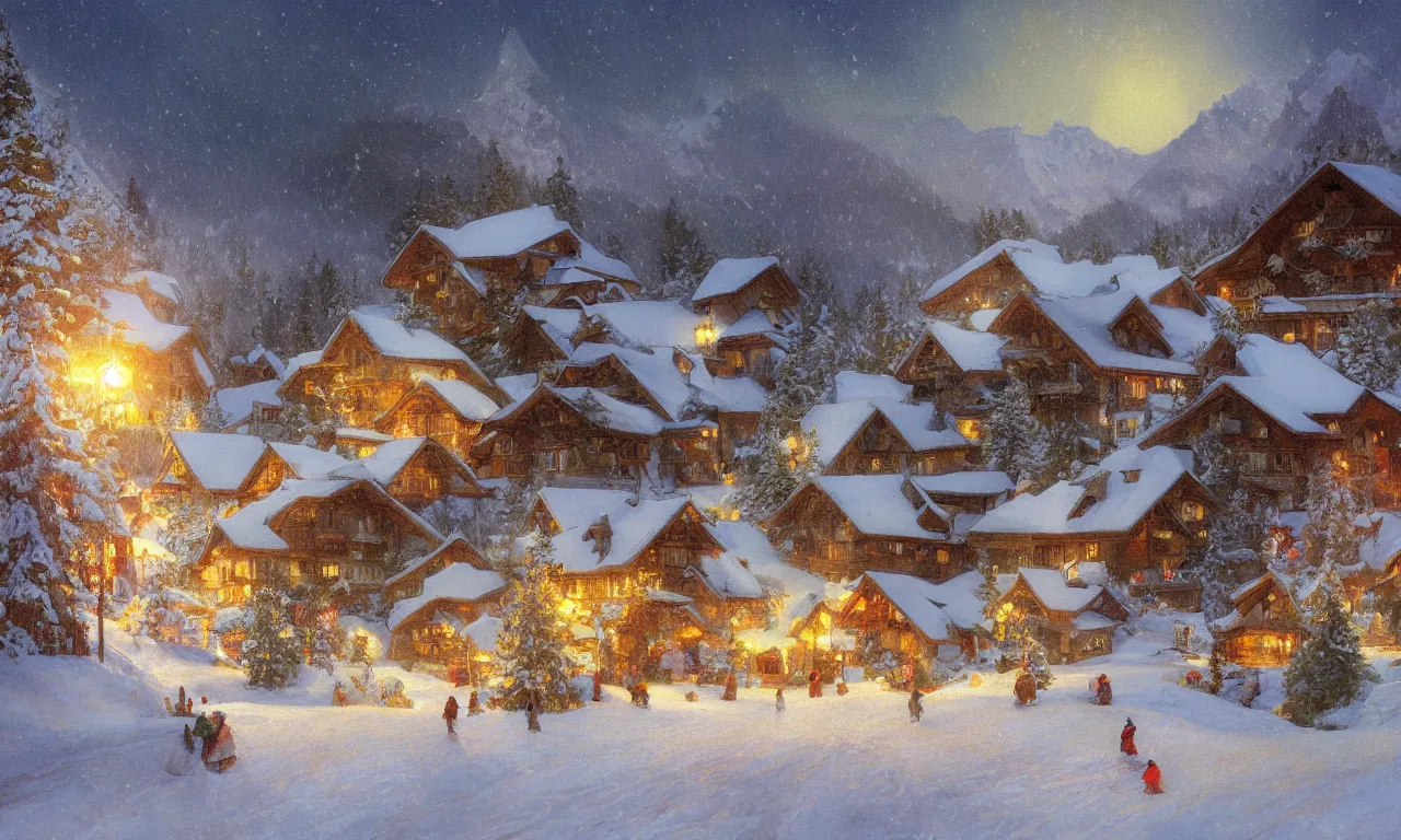 Prompt: a beautiful landscape painting of a small swiss mountain village in the snow at night with Christmas trees and fairy lights by Alfons Maria Mucha and Julie Dillon and Makoto Shinkai, vivid colors, high details, cinematic, 8k resolution, beautiful detailed, photorealistic, digital painting, artstation, concept art, smooth, sharp focus, illustration, fantasy background, artstation trending, octane render, unreal engine