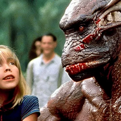 Image similar to movie still from forest gump with yautja predator monster