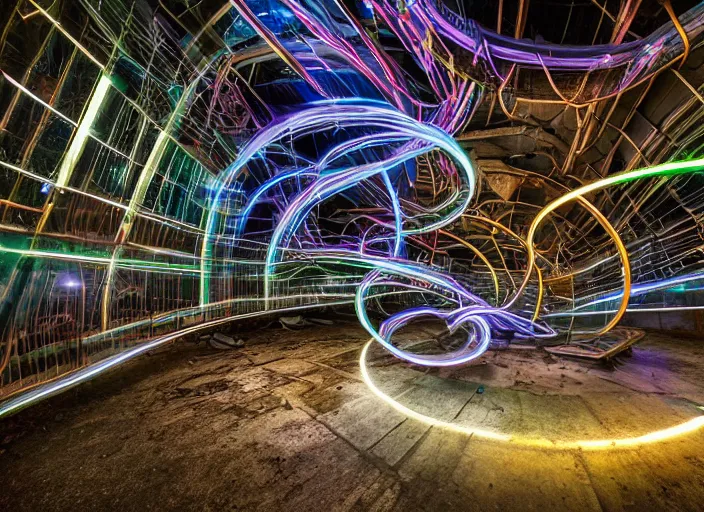 Prompt: flowing lightpainting helix swirling around, unfinished building building chapel nature urbex abandoned industrial architecture, puddle reflections, night time, highly detailed, photorealistic, neon rim lighting, reflections, smooth, sharp focus, ultrawide,
