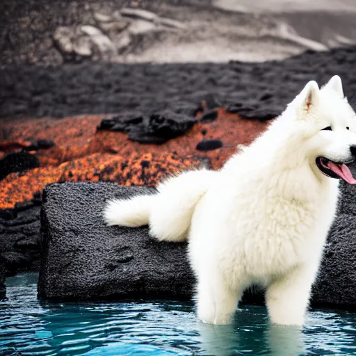 Image similar to beautiful photograph of samoyed dog taking a bath in a pool full of lava, professional photography, sigma 5 6 mm f 8